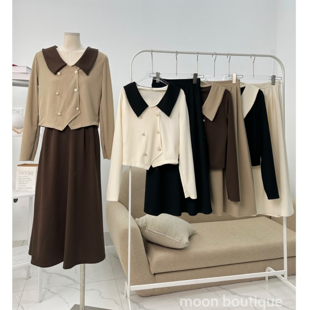 Set Áo Thun Tăm Cổ Sơ Mi Phối  2 Hàng Cúc Ngọc+ Chân Váy Dáng Dài , Set Đồ Tiểu Thư Sang Chảnh