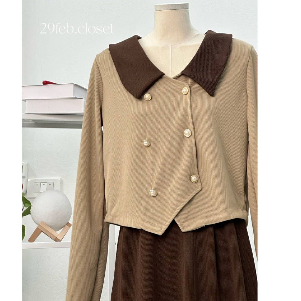 Set Áo Thun Tăm Cổ Sơ Mi Phối  2 Hàng Cúc Ngọc+ Chân Váy Dáng Dài , Set Đồ Tiểu Thư Sang Chảnh