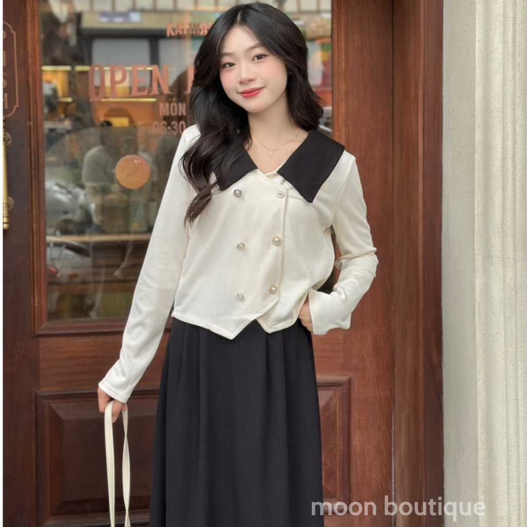 Set Áo Thun Tăm Cổ Sơ Mi Phối  2 Hàng Cúc Ngọc+ Chân Váy Dáng Dài , Set Đồ Tiểu Thư Sang Chảnh