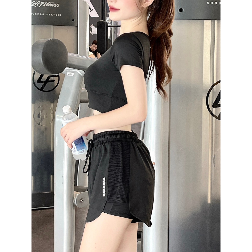 Bộ Quần Áo Tâp Gym Yoga Aerobic Nữ Áo Croptop -Bra Cộc Tay Quần Đùi 2 Lớp - Bộ Đồ Thể Thao Nữ Cao Cấp (Bộ Áo CT- 2 Lớp)