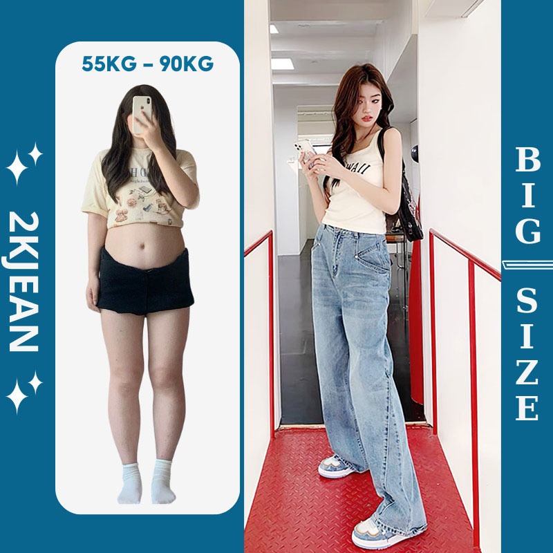 Quần jean nữ ống rộng Bigsize 55kg-85kg, kiểu dáng ống suông rộng viền chéo, quần bò suông kiểu túi viền  MS199 2KJeans