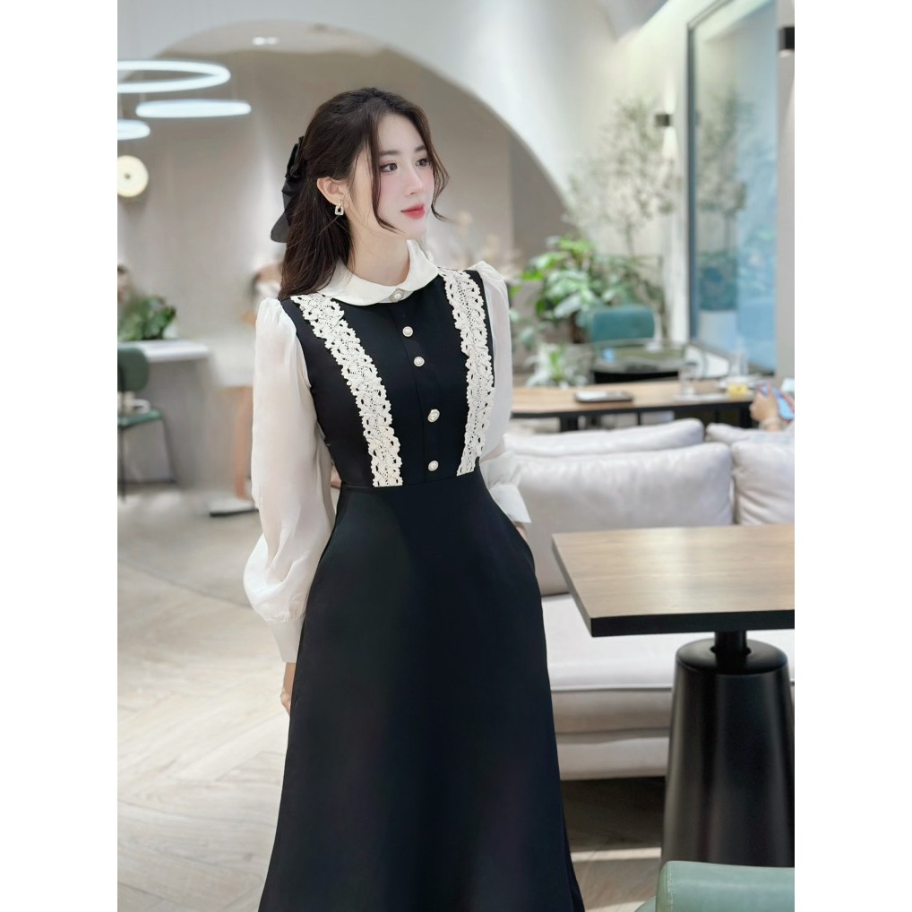 Khâu váy thiết kế đen 4 cúc sang chảnh phù hợp đi làm đi chơi