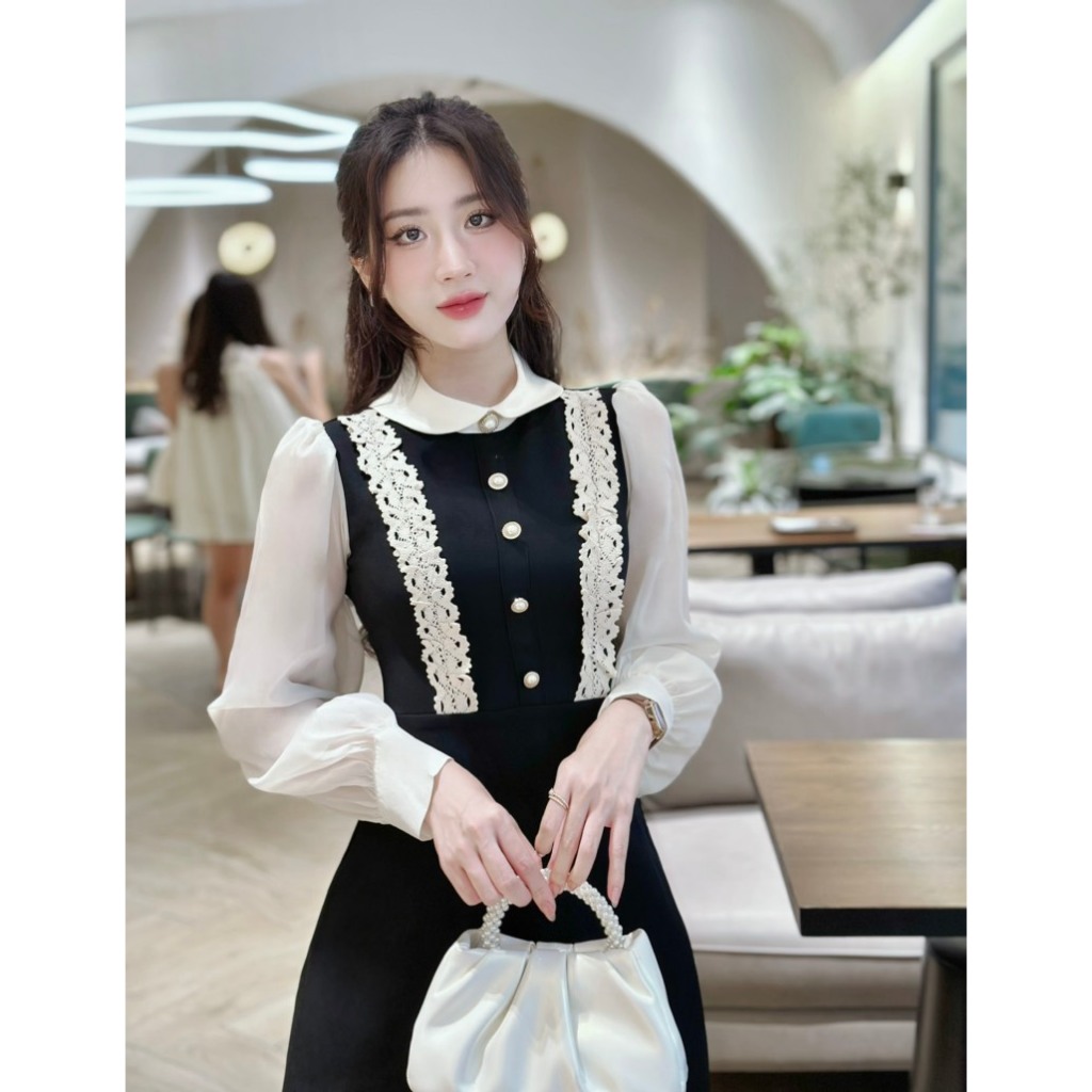 Khâu váy thiết kế đen 4 cúc sang chảnh phù hợp đi làm đi chơi