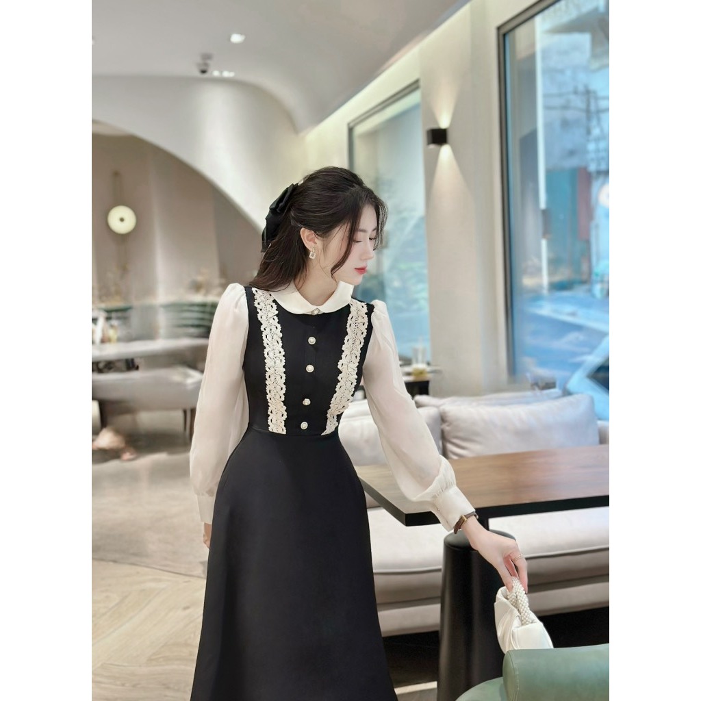 Khâu váy thiết kế đen 4 cúc sang chảnh phù hợp đi làm đi chơi