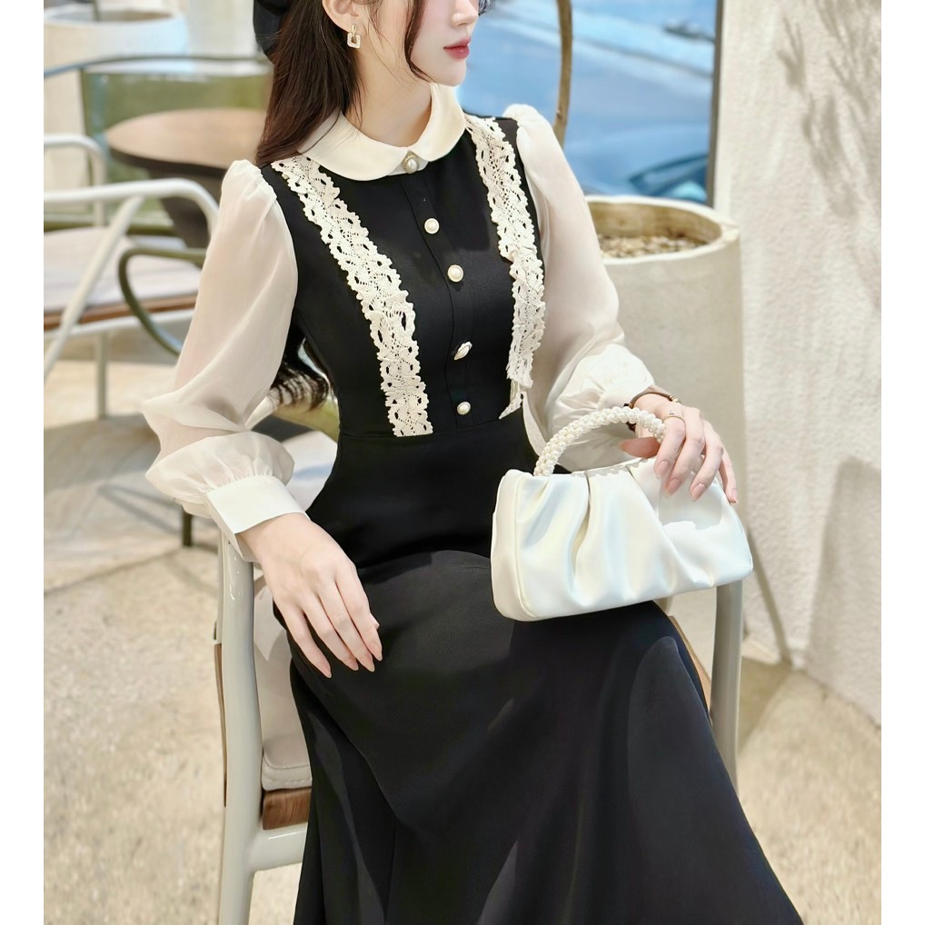 Khâu váy thiết kế đen 4 cúc sang chảnh phù hợp đi làm đi chơi