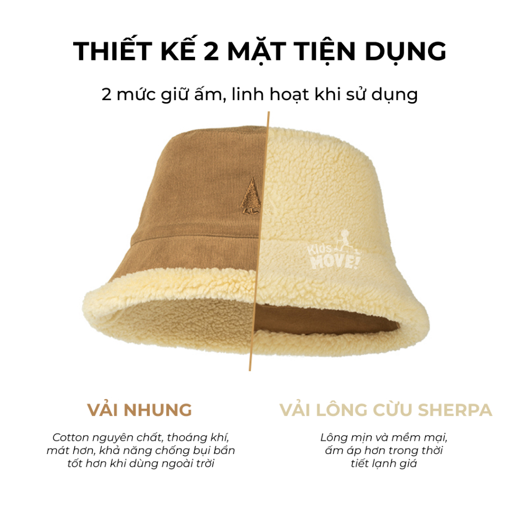 Mũ bucket mùa đông 2 mặt cho bé Shukiku Nhật Bản, chất liệu nhung tăm và Sherpa cao cấp, siêu ấm