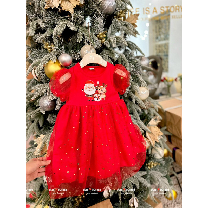 Váy đỏ noel phối voan nhũ bé gái