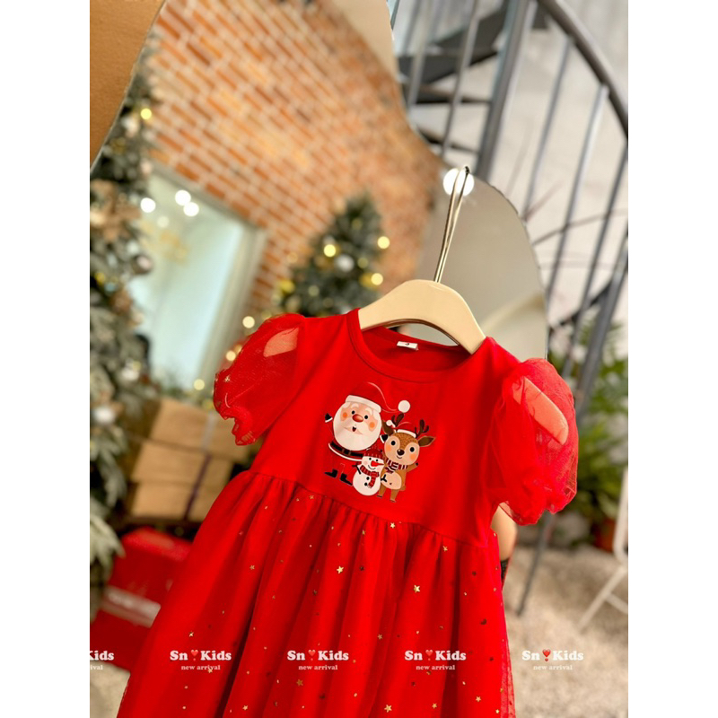Váy đỏ noel phối voan nhũ bé gái