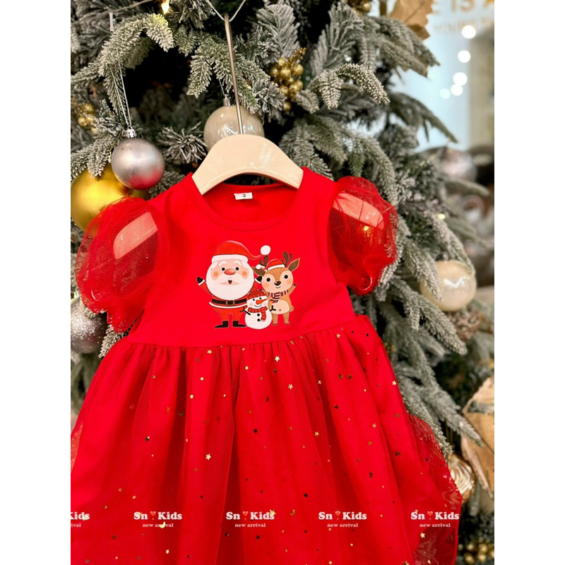 Váy đỏ noel phối voan nhũ bé gái