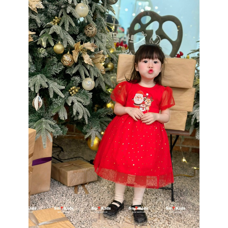Váy đỏ noel phối voan nhũ bé gái