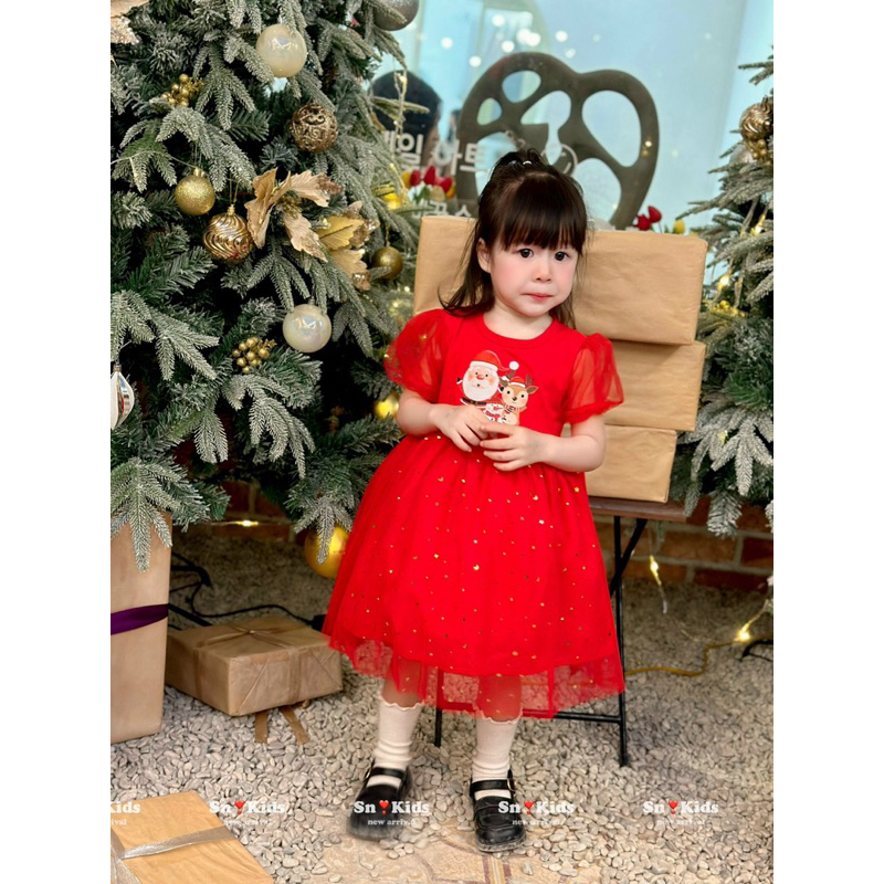 Váy đỏ noel phối voan nhũ bé gái