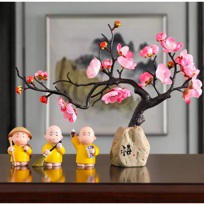 Bộ tượng chú tiểu dưới nhánh cây hoa anh đào an nhiên,bao gồm 3 chú tiểu+ lọ+ nhánh hoa, decor trưng bày hoặc quà tặng