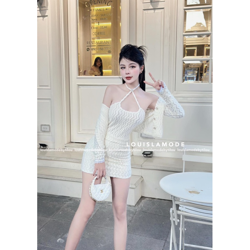 ( Ảnh thật) Set Áo Khoác Lửng + Áo Chéo Dây Cổ Đính Đá Croptop Len Lông Thỏ Kèm Chân Váy Body