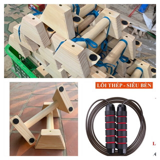 Parallettes gỗ- dụng cụ hít đất + dây nhảy lõi thép - chống đẩy bằng gỗ thông có đế chống trượt