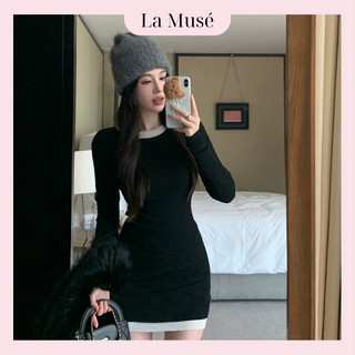 Váy nữ dài tay dáng ngắn chất liệu cotton phối viền trắng đầm nữ cổ tròn ôm body co giãn 4 chiều thoải mái siêu tôn dáng