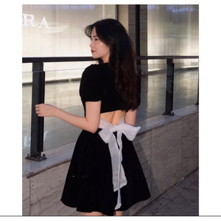 ĐẦM NHUNG THẮT NƠ NỮ CÒN ĐEN