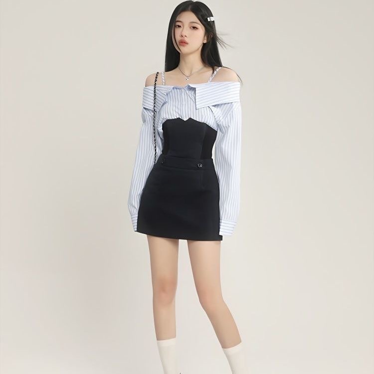 Set sơ mi 3 món áo trễ vai chân váy chữ A và corset phong cách cá tính