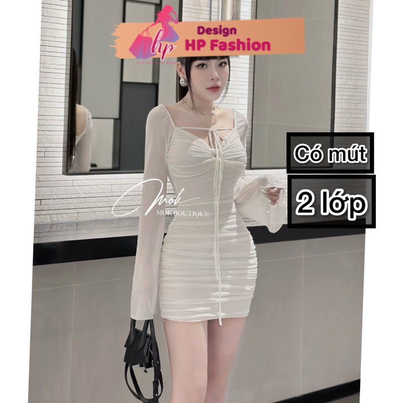 Đầm body dài tay dáng ngắn phối lưới có mút nhún tôn dáng HP FASHIONTREND váy nữ mùa thu đông sang chảnh G602