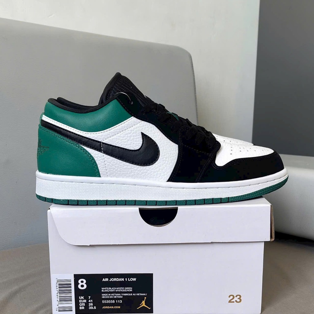 Giày Sneaker _Jordan Low 1 Mystic Green Cổ Thấp Đen Trắng gót Xanh,Giày Thể Thao JD Đen Xanh Lá Bản Cao Cấp