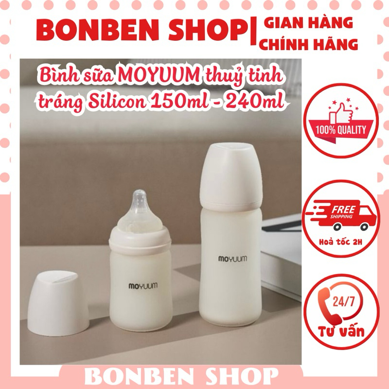 Bình sữa Moyuum thuỷ tinh tráng silicon nội địa Hàn; BonBen Shop cam kết hàng chính hãng