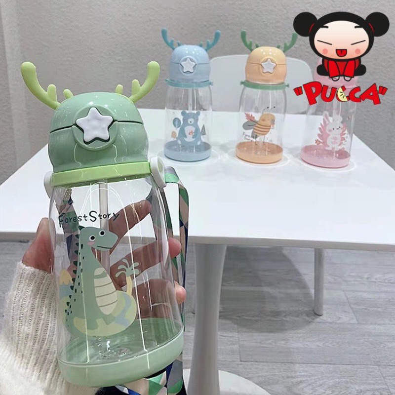 Bình Nước 600ml Tuần Lộc Sừng Hươu Tặng Kèm Dây Đeo, Bình Nước Cho bé yêu đi học đi dã ngoại du lịch tặng kèm dây đeo