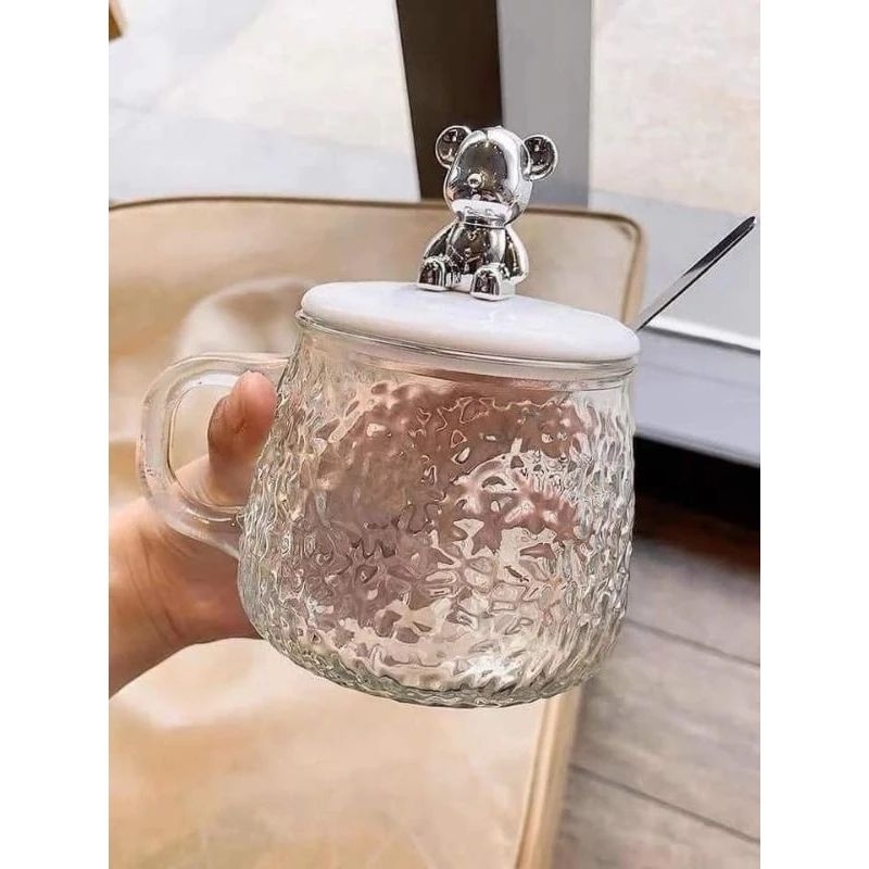 Cốc thủy tinh nắp gấu kèm thìa siêu xinh