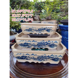bộ 3 chậu vẽ cảnh hươu, sơn thủy