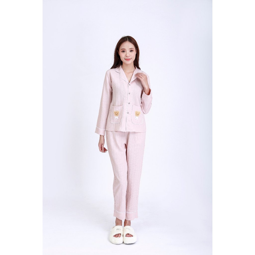 Đồ Ngủ Bộ Pyjama Nữ Tay Dài Túi Gấu Chất Vải Đũi Gân Mềm Nhẹ
