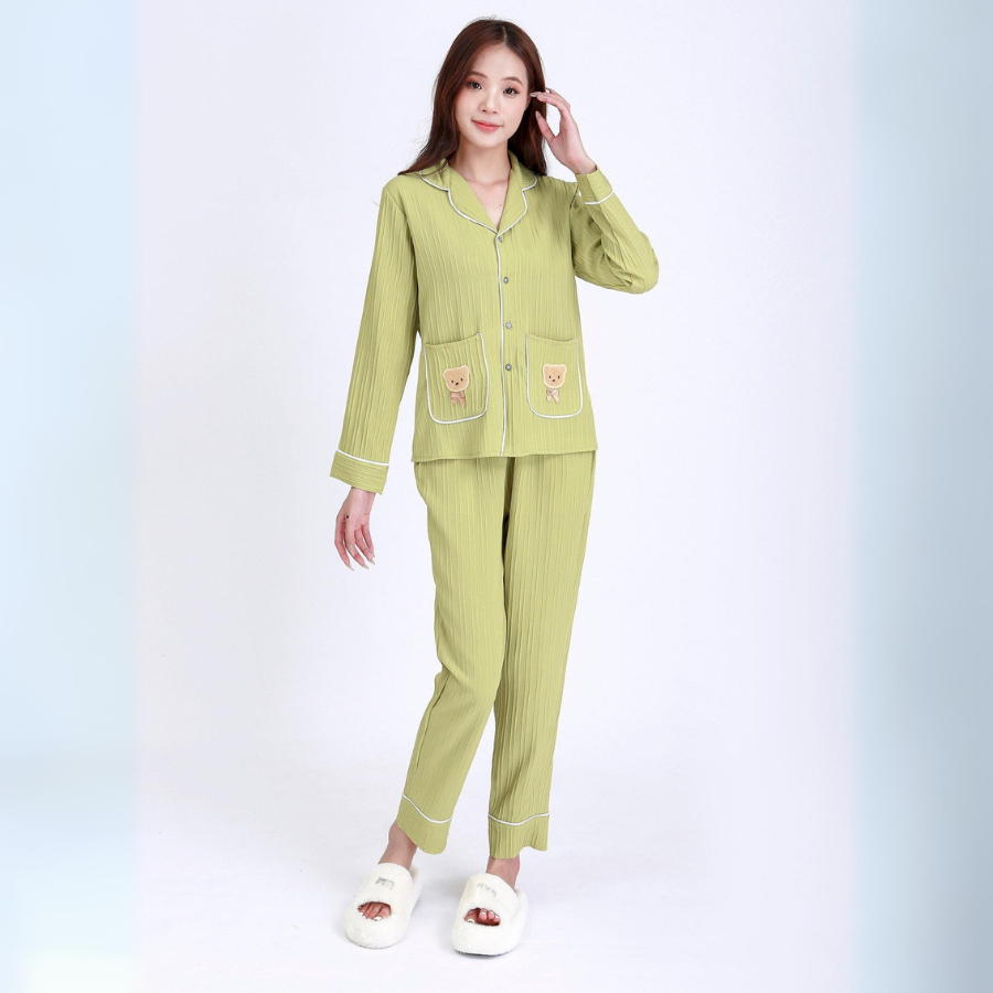 Đồ Ngủ Bộ Pyjama Nữ Tay Dài Túi Gấu Chất Vải Đũi Gân Mềm Nhẹ