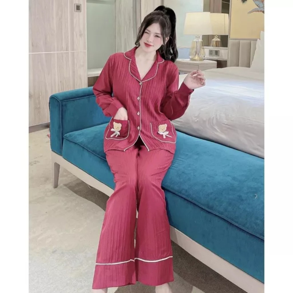 Đồ Ngủ Bộ Pyjama Nữ Tay Dài Túi Gấu Chất Vải Đũi Gân Mềm Nhẹ
