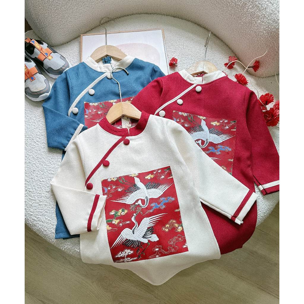 Áo dài TẾT cách tân in hình hạc chất nhung lì cho bé 9-21kg Namkidshop