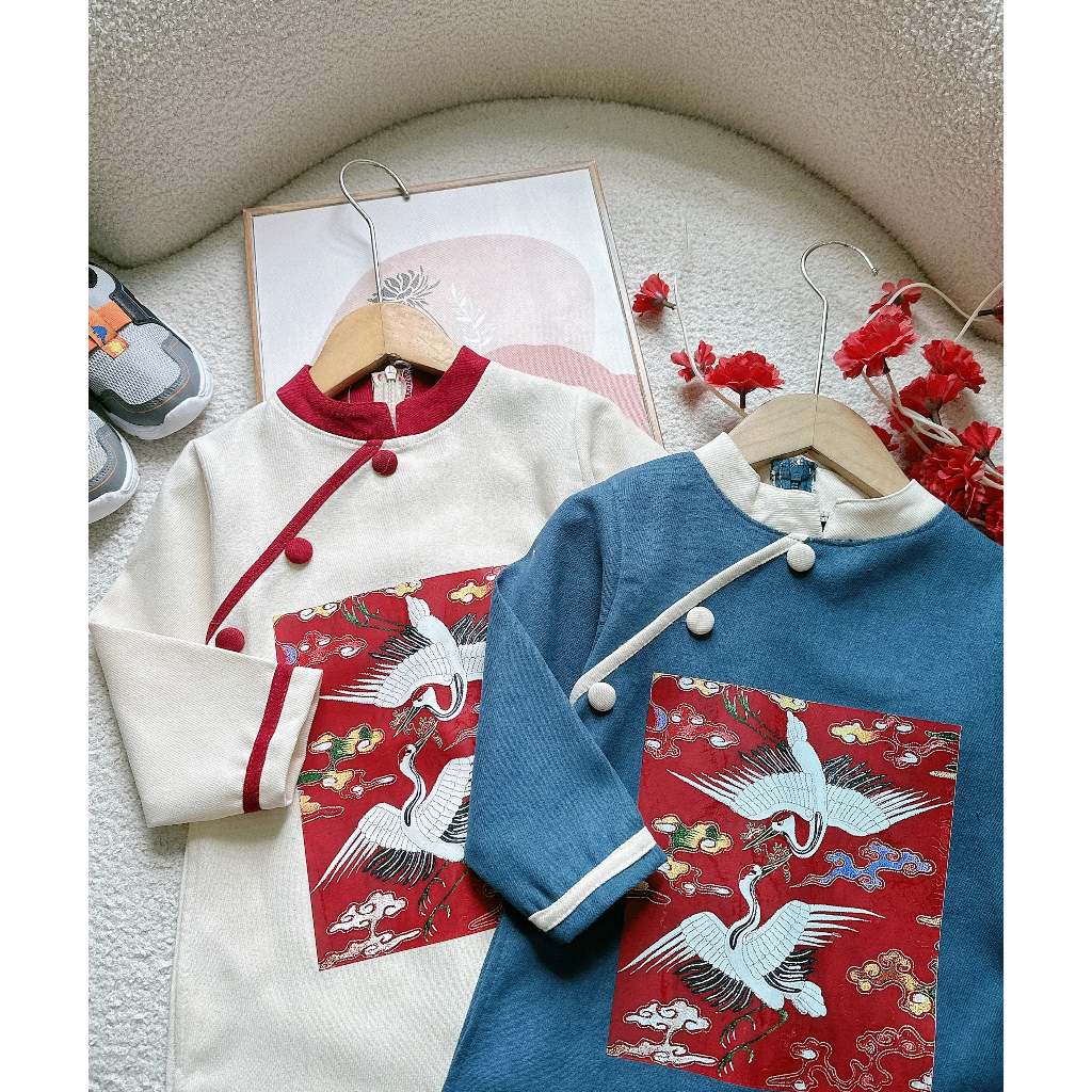 Áo dài TẾT cách tân in hình hạc chất nhung lì cho bé 9-21kg Namkidshop