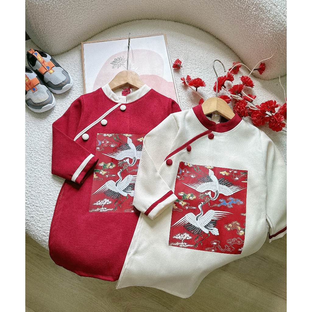 Áo dài TẾT cách tân in hình hạc chất nhung lì cho bé 9-21kg Namkidshop