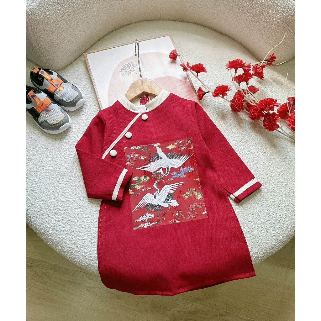 Áo dài TẾT cách tân in hình hạc chất nhung lì cho bé 9-21kg Namkidshop