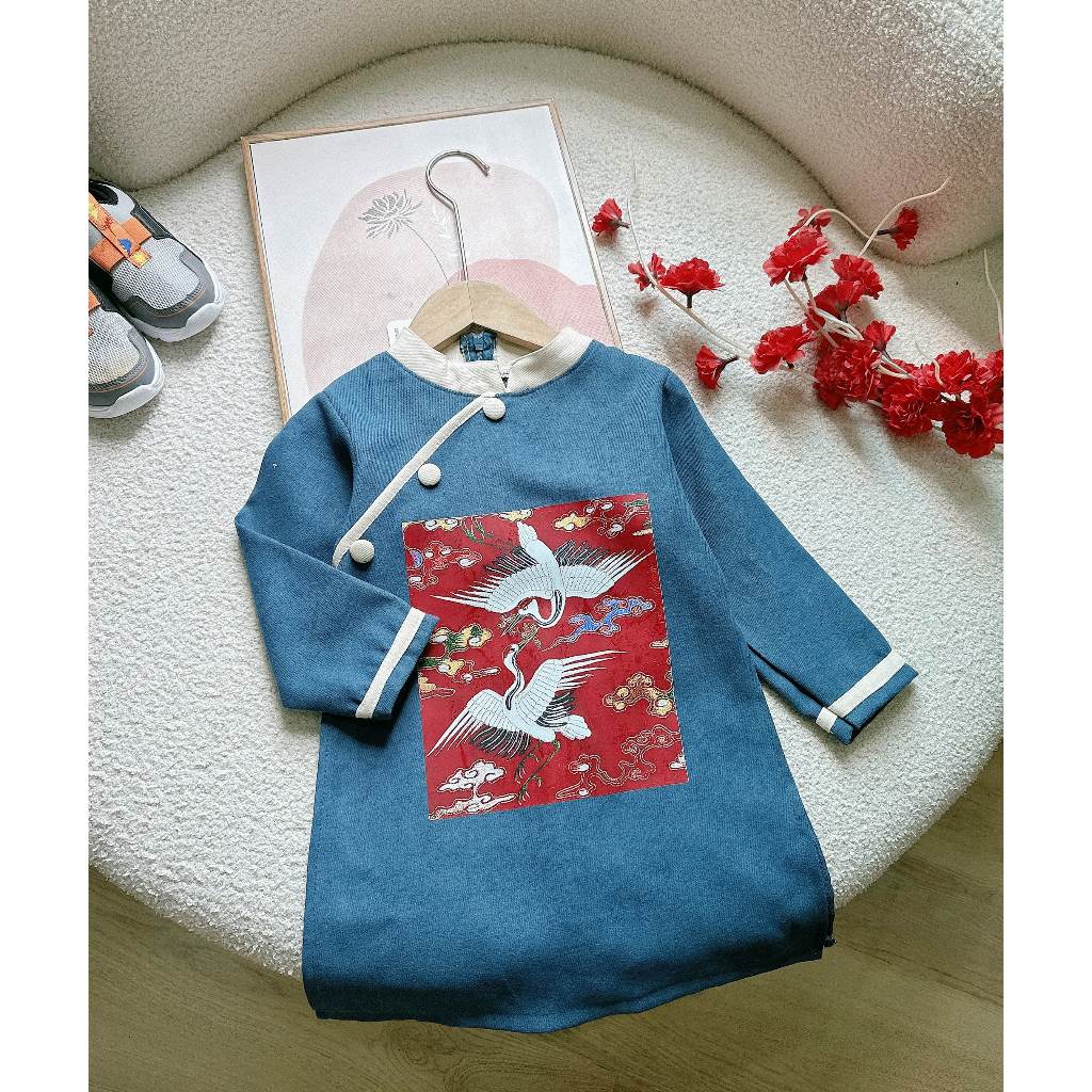 Áo dài TẾT cách tân in hình hạc chất nhung lì cho bé 9-21kg Namkidshop