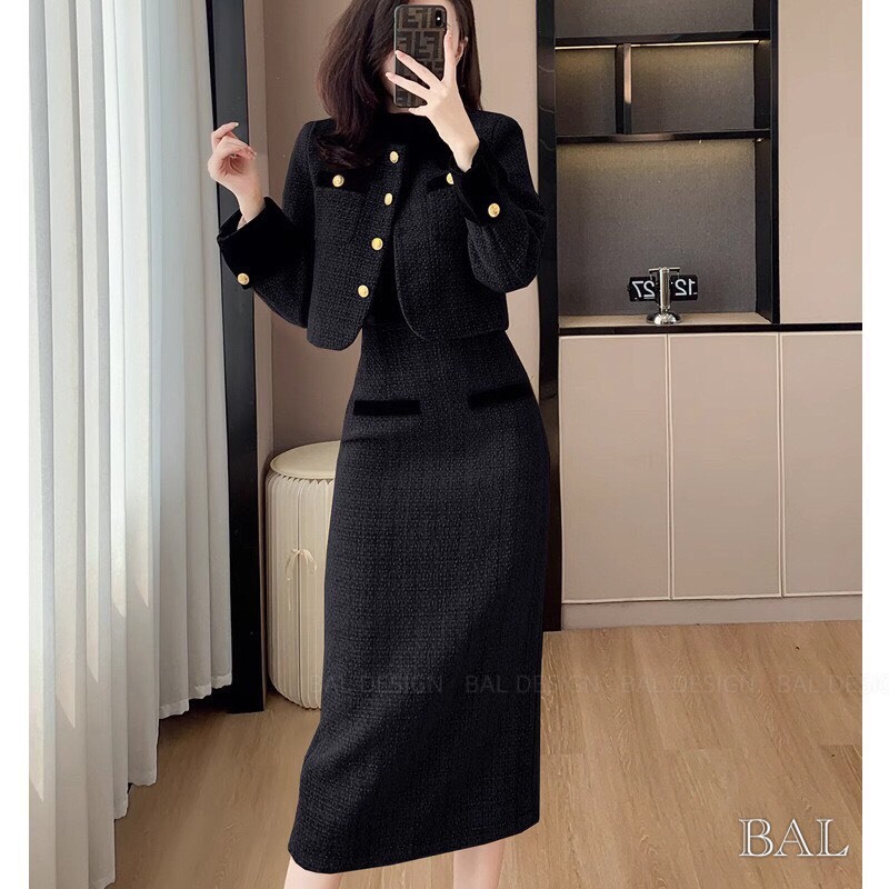 Set áo dạ croptop dài tay kèm chân váy bút chì QC, Set đồ nữ QC   chi tiết sang chảnh quyến rũ thiết kế cao cấp LOẠI 1