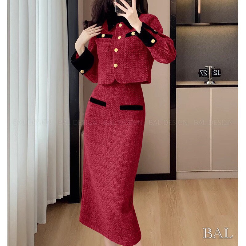 Set áo dạ croptop dài tay kèm chân váy bút chì QC, Set đồ nữ QC   chi tiết sang chảnh quyến rũ thiết kế cao cấp LOẠI 1