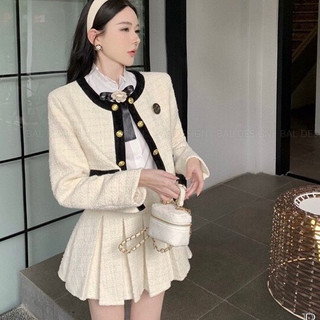 Set dạ MIU MIU dài tay kèm chân váy xếp ly, set áo dạ dài tay kèm chân váy dáng ngắn đi chơi thiết kế cao cấp LOẠI 1