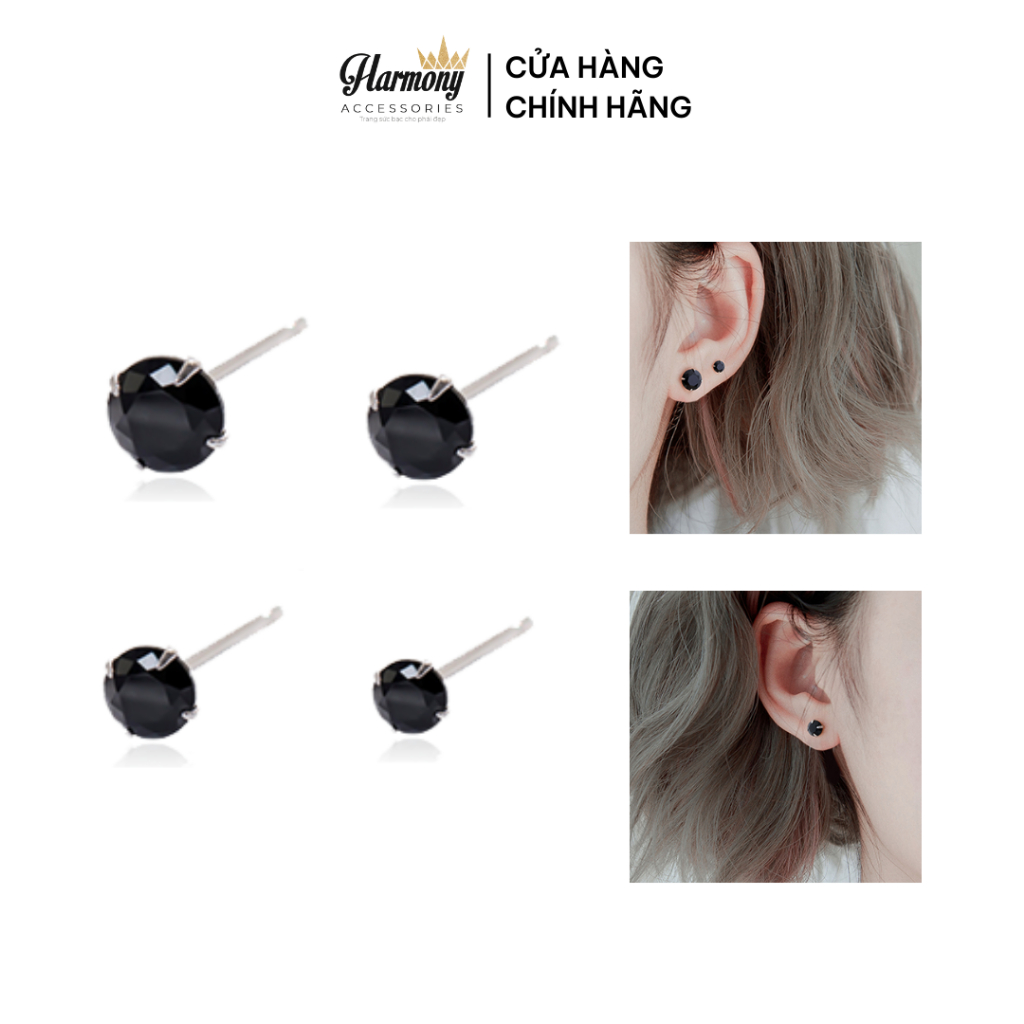 [Mã 4MINI7 giảm 30K đơn 99K] Khuyên tai nữ bạc nụ đá tròn màu đen nhiều size (1 chiếc) | HARMONY ACCESSORIES K256
