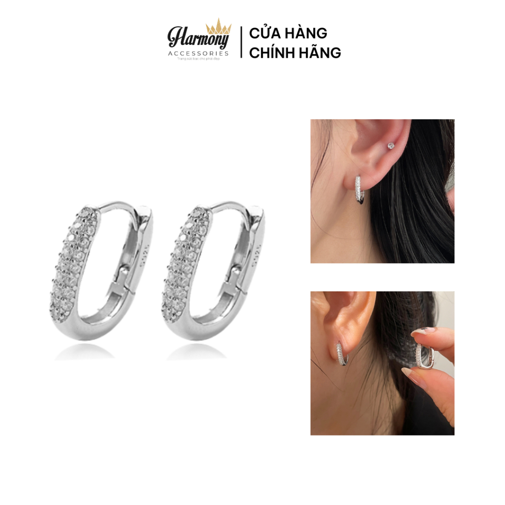 [Mã 4SPIKE3 giảm 50K đơn 150K] Bông tai nữ khuyên bạc 925 hình oval đính đá chốt bấm Andrea | HARMONY ACCESSORIES K288