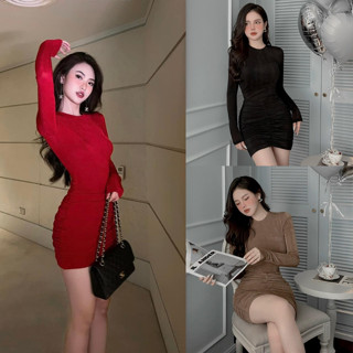 Đầm body dự tiệc tay dài,đầm váy nữ thiết kế nhún hông khoe eo tôn dáng tiểu thư dạo phố sang chảnh thời trang Minh Phúc