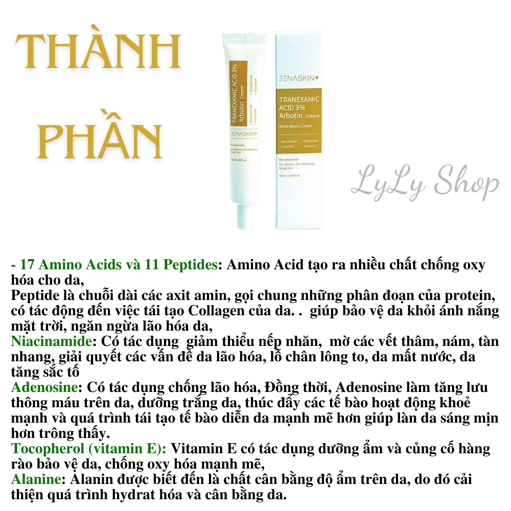 Kem dưỡng trắng, mờ nám Jenaskin Tranexamic Acid 3%, tái tạo phục hồi da mờ nám, tàn nhang, lylyshop-50ml
