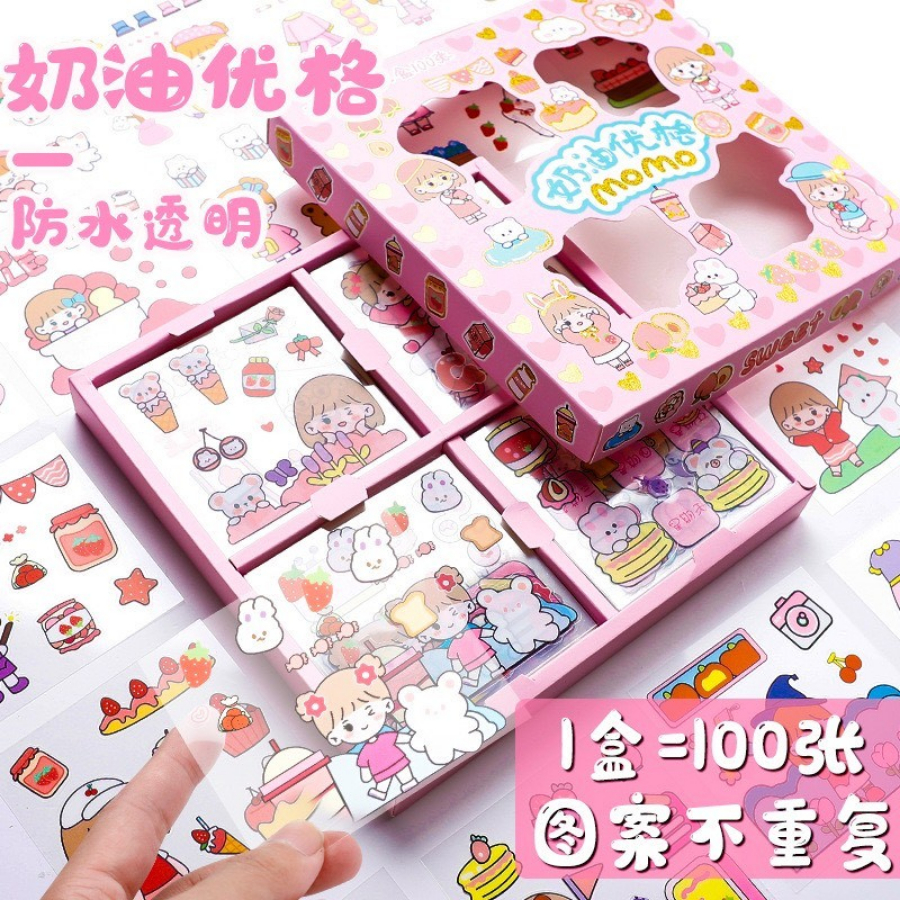 Lẻ 1 tấm sticker 8x8 cute DECORME trang trí tập vở, bình nước, họa tiết hoạt hình trong suốt