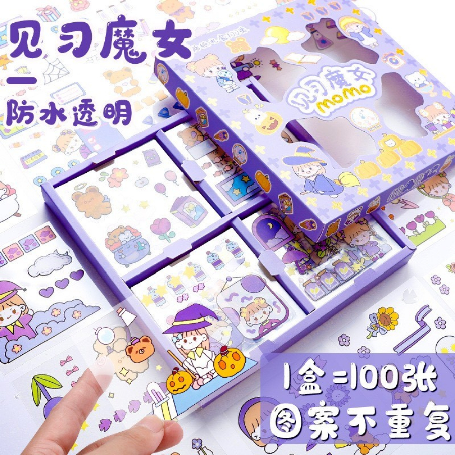 Lẻ 1 tấm sticker 8x8 cute DECORME trang trí tập vở, bình nước, họa tiết hoạt hình trong suốt