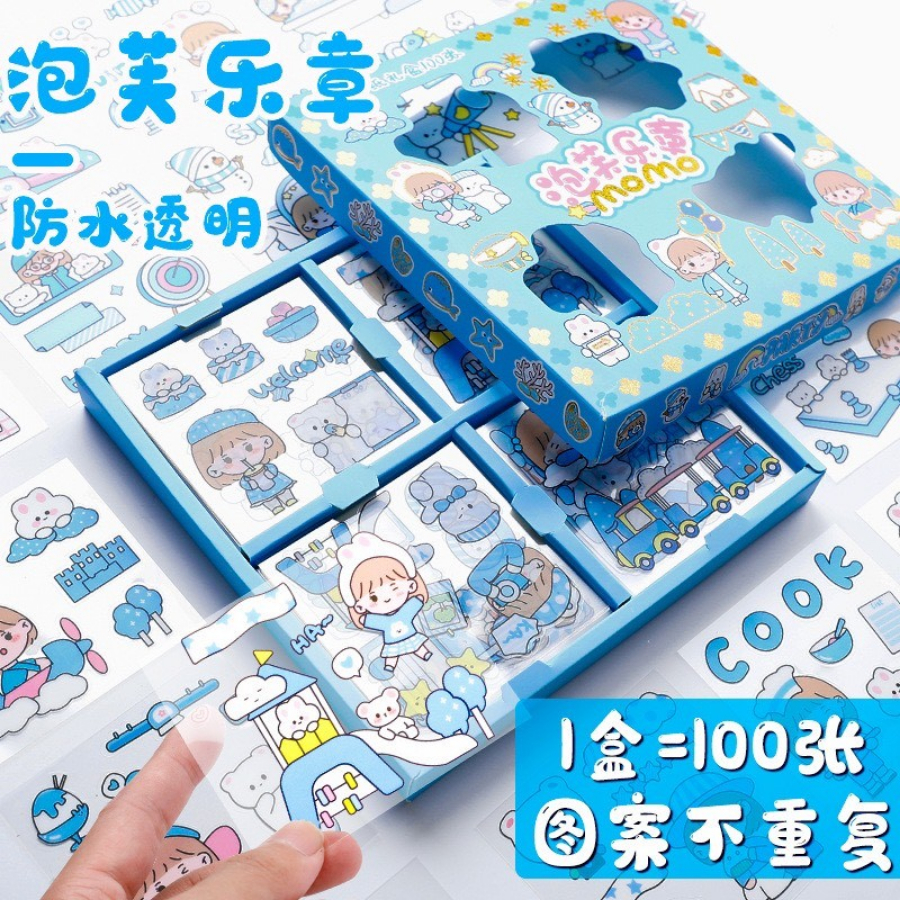 Lẻ 1 tấm sticker 8x8 cute DECORME trang trí tập vở, bình nước, họa tiết hoạt hình trong suốt