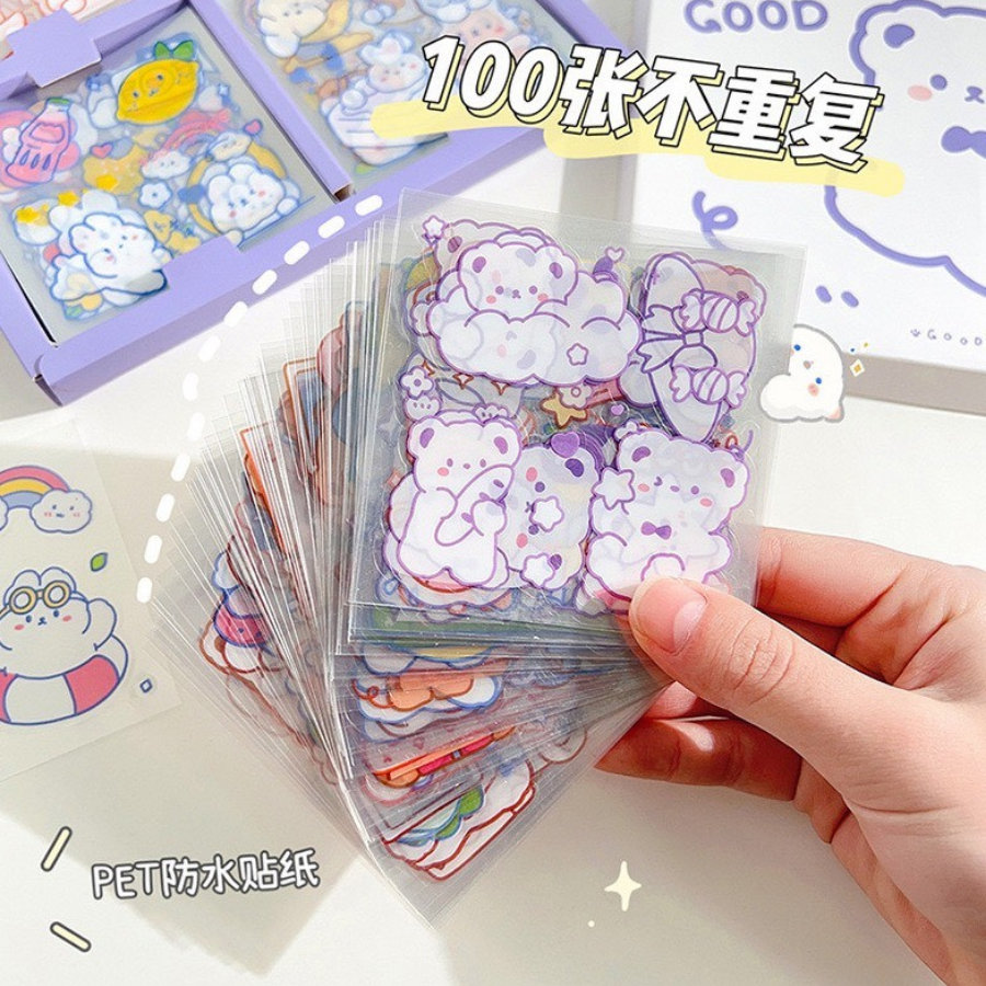 Lẻ 1 tấm sticker 8x8 cute DECORME trang trí tập vở, bình nước, họa tiết hoạt hình trong suốt