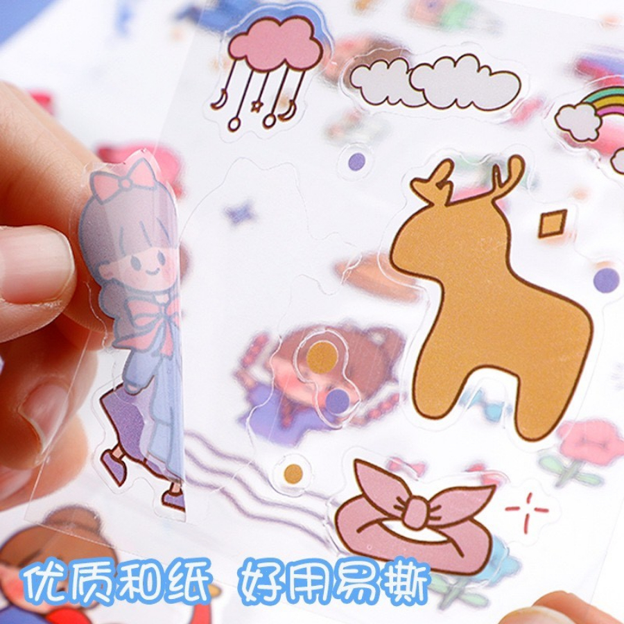 Lẻ 1 tấm sticker 8x8 cute DECORME trang trí tập vở, bình nước, họa tiết hoạt hình trong suốt