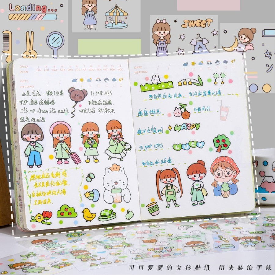 Lẻ 1 tấm sticker 8x8 cute DECORME trang trí tập vở, bình nước, họa tiết hoạt hình trong suốt