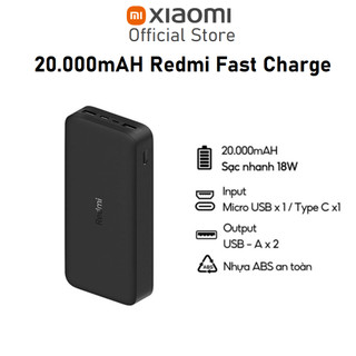 Sạc dự phòng Xiaomi Redmi 20000 mAh Fast Charge 18W, Đầu vào (Micro-Usb/ Type-C), Đầu ra(USB-A x2)