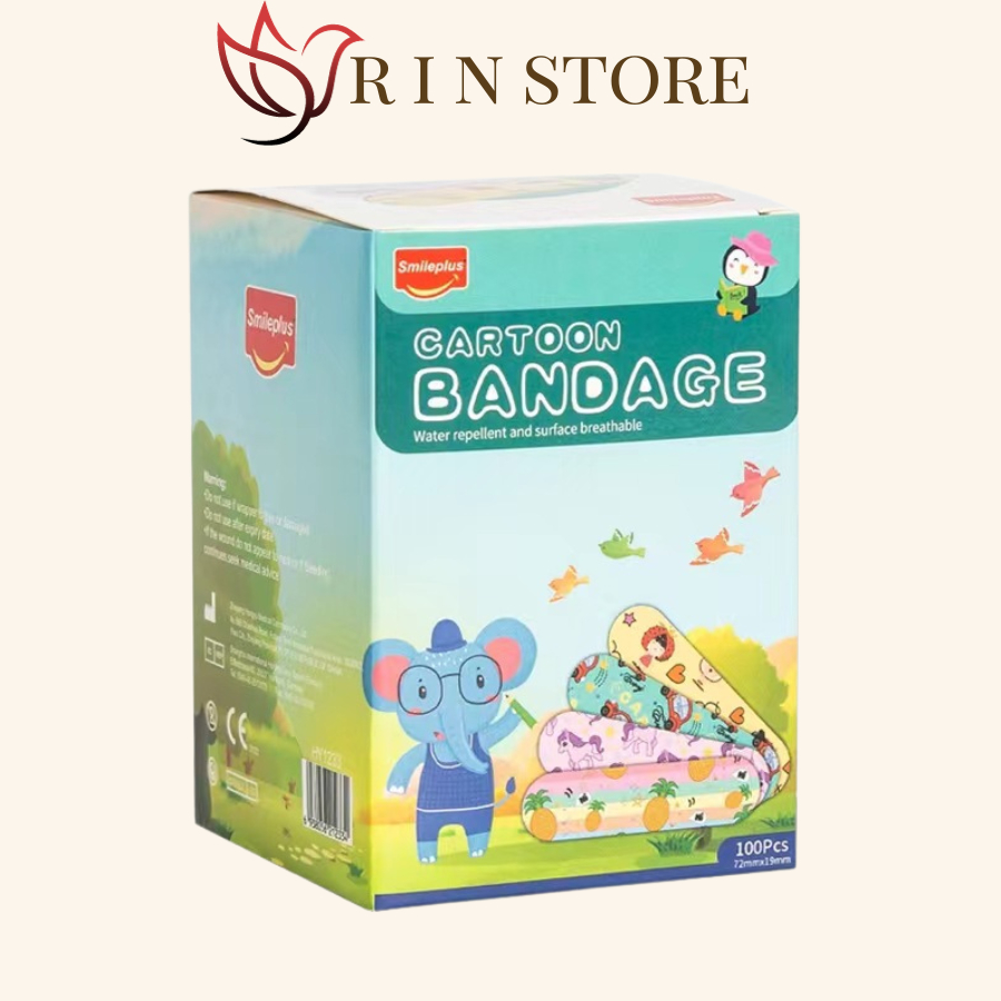Băng Dán Cá Nhân Hộp 100 Miếng Băng Dễ Thương Họa Tiết Hoạt Hình Thoáng Khí Tiện Dụng Siêu Dính Chống Thấm Nước RIN